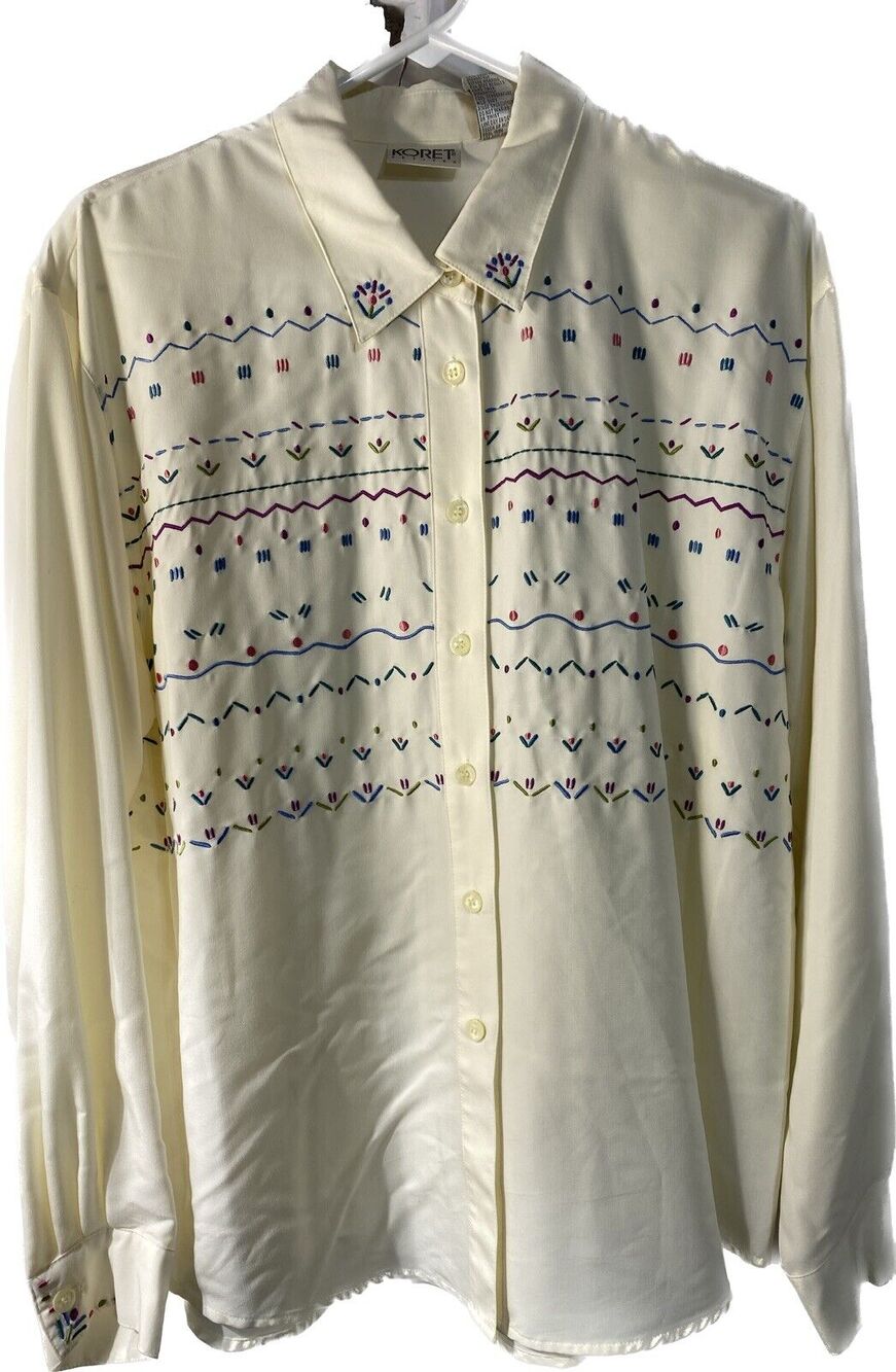 Vintage Koret Cream Blouse Long Sleeve Elegant Satin Feeling Embroidered Sz L